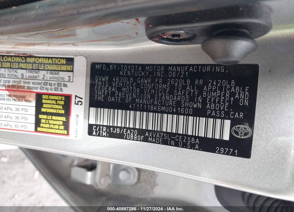 2021 TOYOTA CAMRY SE AWD VIN: 4T1T11BK6MU041600
