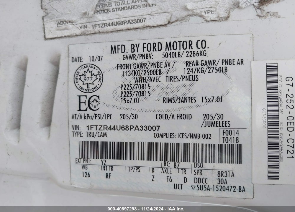 2008 FORD RANGER VIN: 1FTZR44U68PA33007