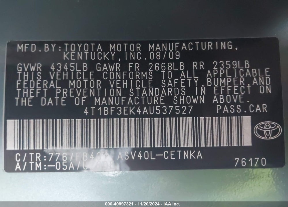 2010 TOYOTA CAMRY LE VIN: 4T1BF3EK4AU537527