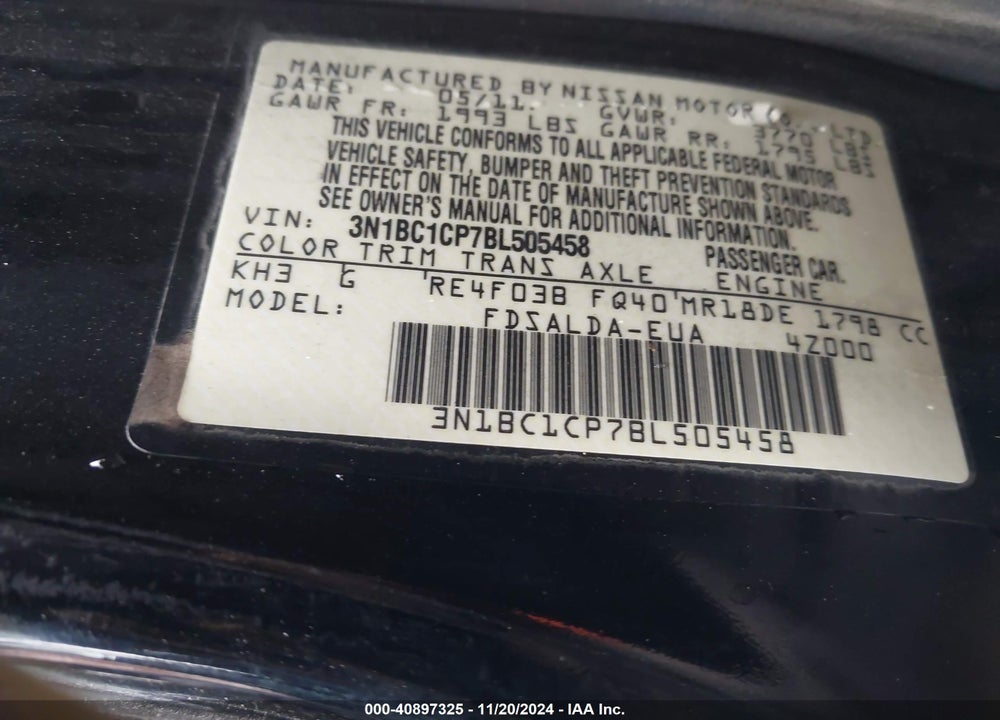 2011 NISSAN VERSA VIN: 3N1BC1CP7BL505458