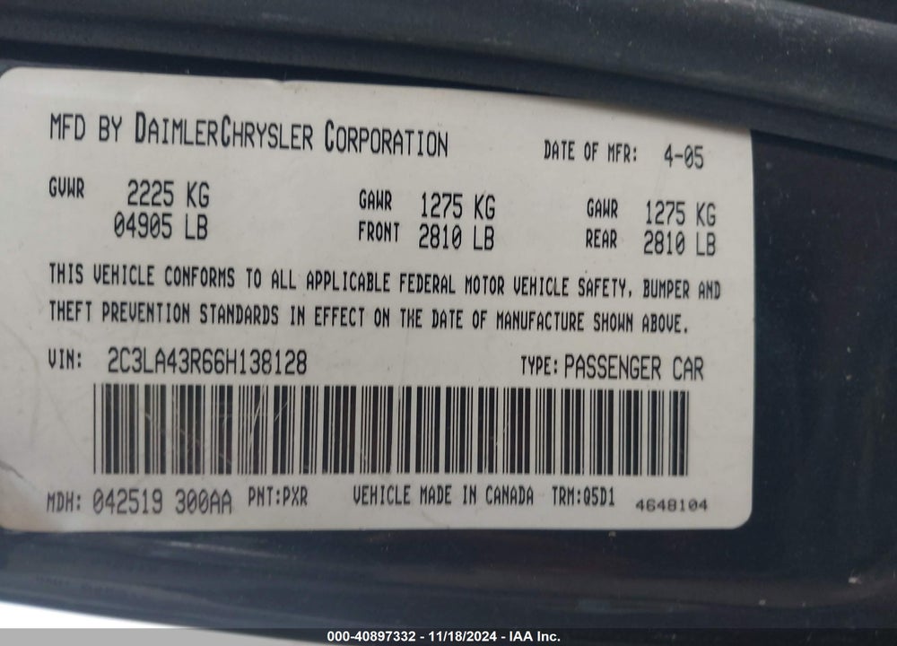 2006 CHRYSLER 300 VIN: 2C3LA43R66H138128