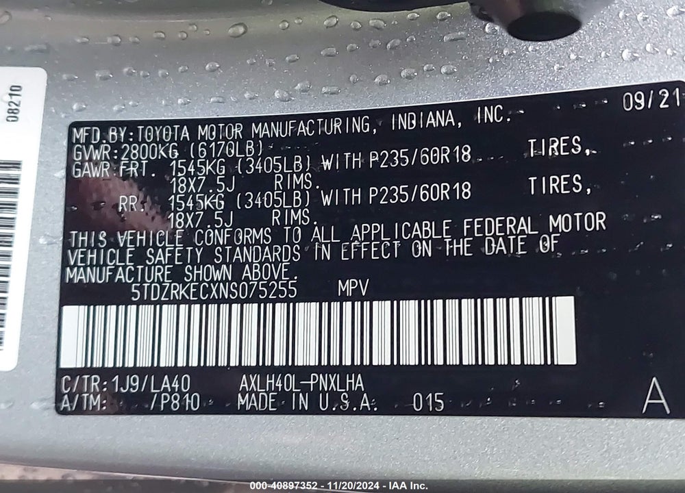 2022 TOYOTA SIENNA LIMITED VIN: 5TDZRKECXNS075255