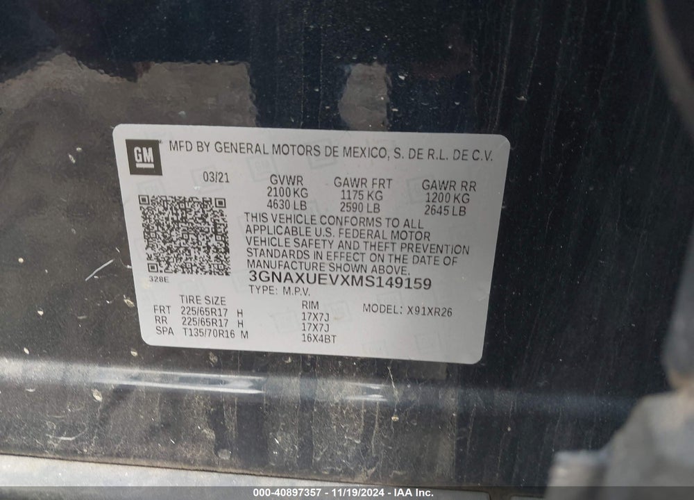 2021 CHEVROLET EQUINOX AWD LT VIN: 3GNAXUEVXMS149159