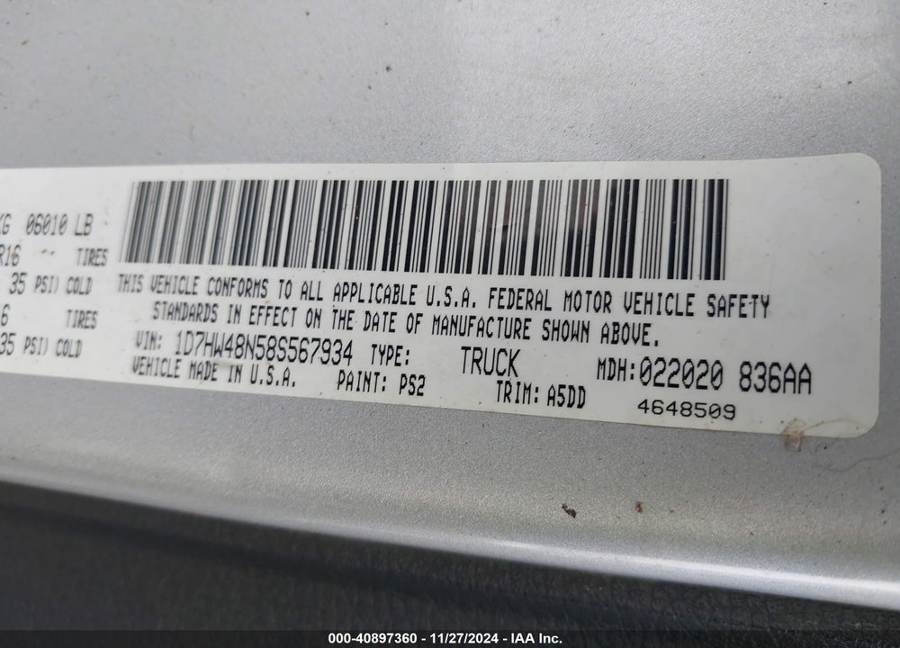 2008 DODGE DAKOTA SLT VIN: 1D7HW48N58S567934