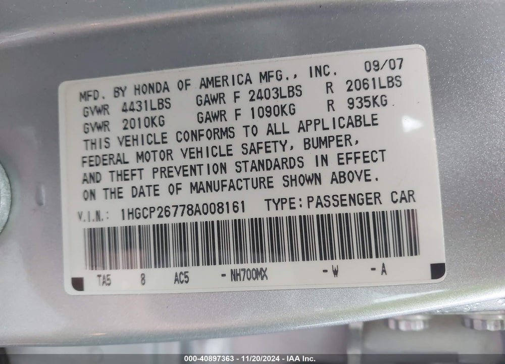 2008 HONDA ACCORD 2.4 EX VIN: 1HGCP26778A008161