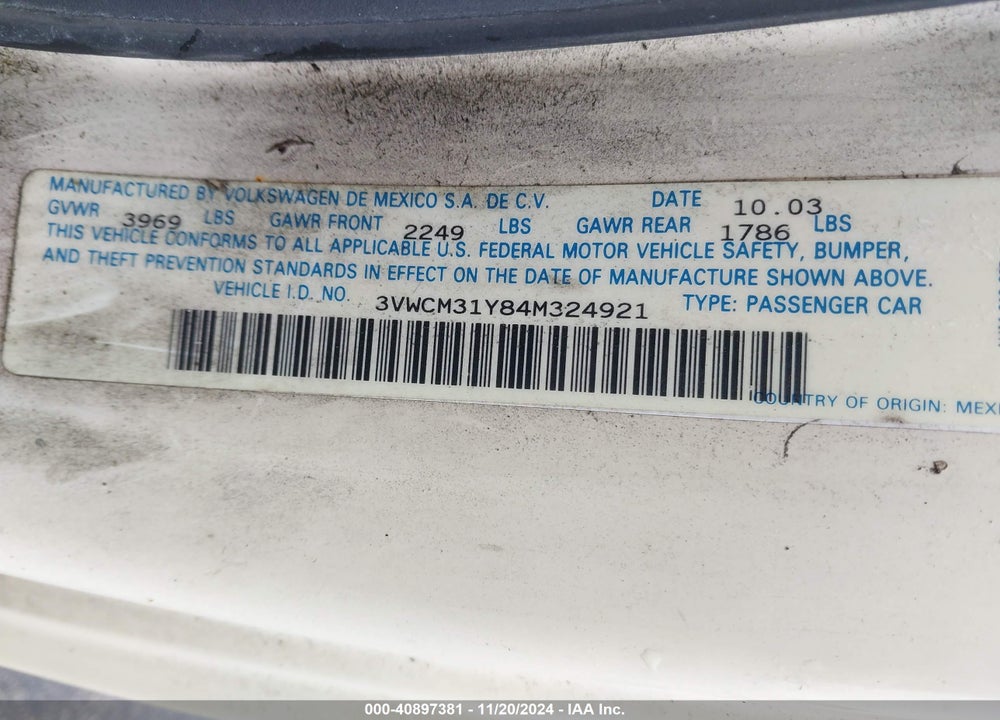 2004 VOLKSWAGEN NEW BEETLE GLS VIN: 3VWCM31Y84M324921