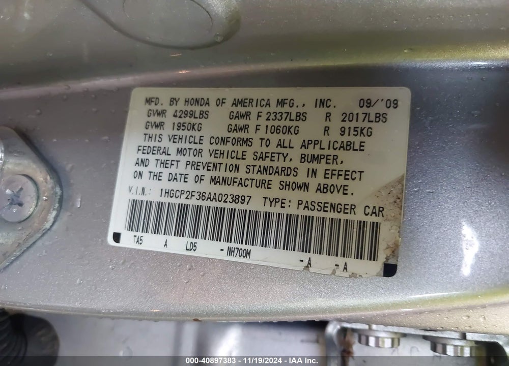 2010 HONDA ACCORD 2.4 LX VIN: 1HGCP2F36AA023897