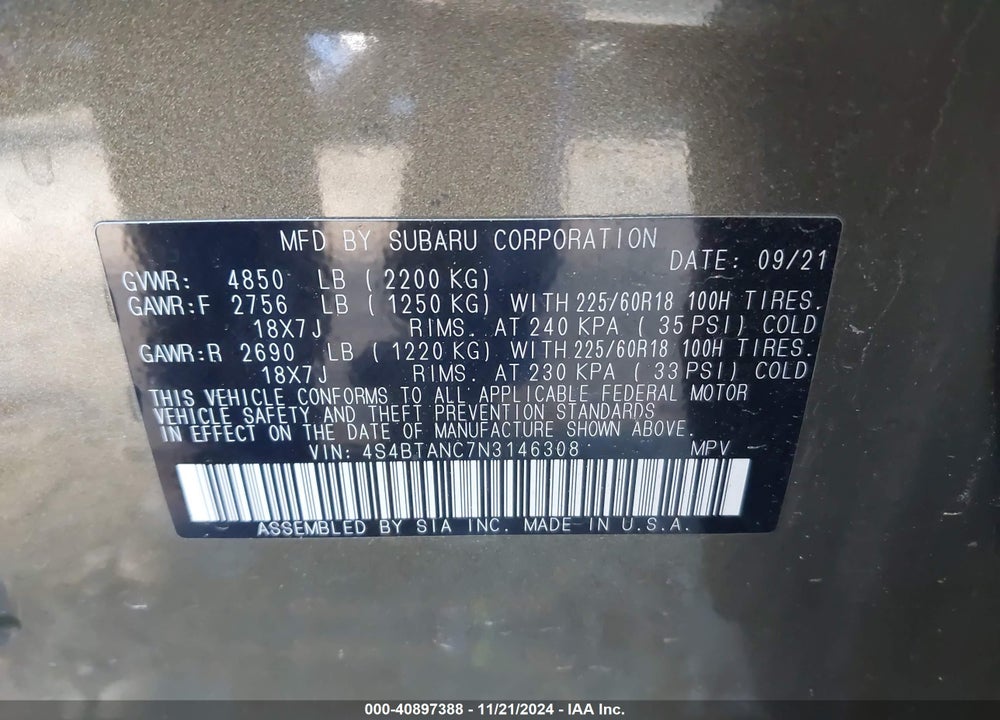 2022 SUBARU OUTBACK LIMITED VIN: 4S4BTANC7N3146308