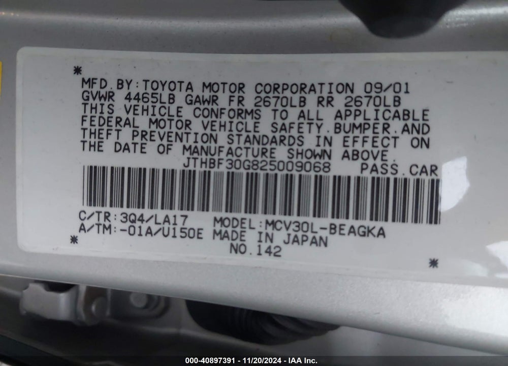 2002 LEXUS ES 300 VIN: JTHBF30G825009068