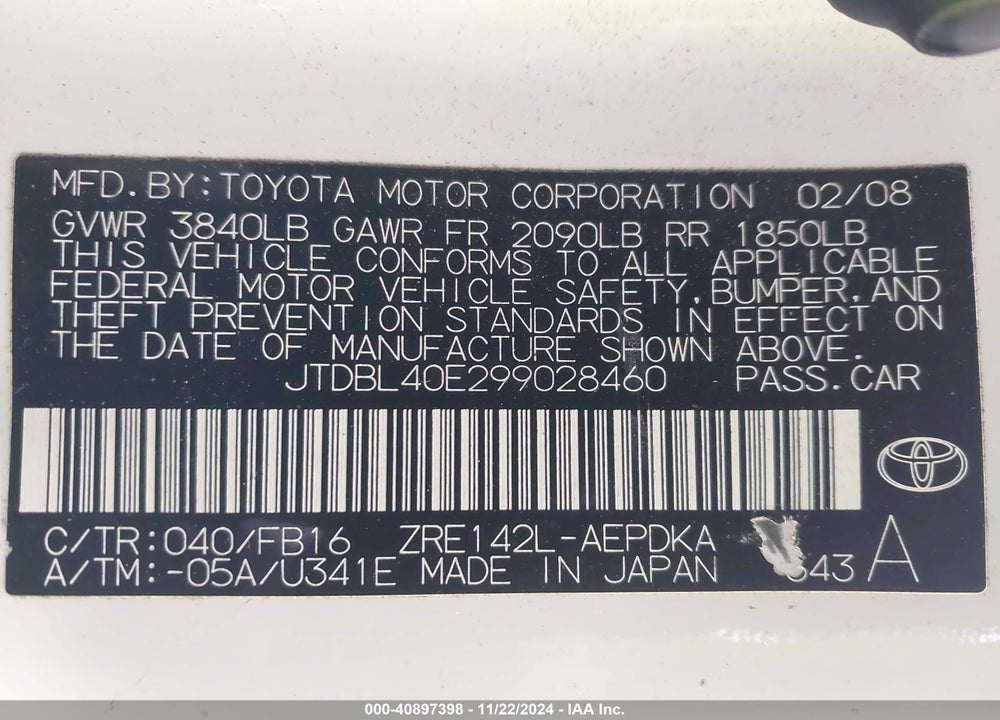 2009 TOYOTA COROLLA LE VIN: JTDBL40E299028460