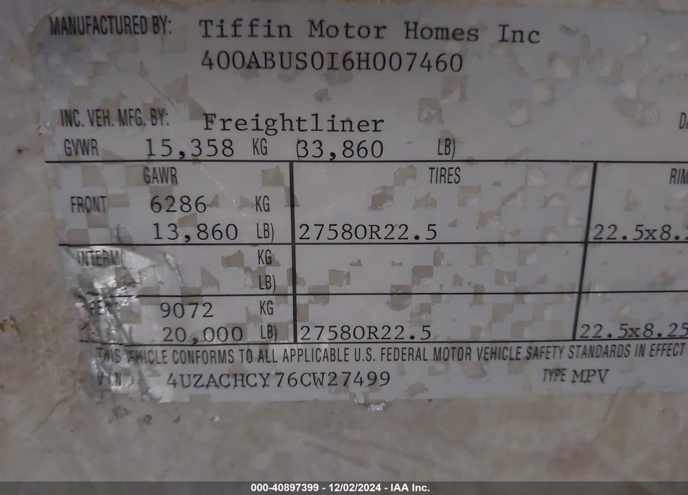 2006 FREIGHTLINER CHASSIS X LINE MOTOR HOME VIN: 4UZACHCY76CW27499