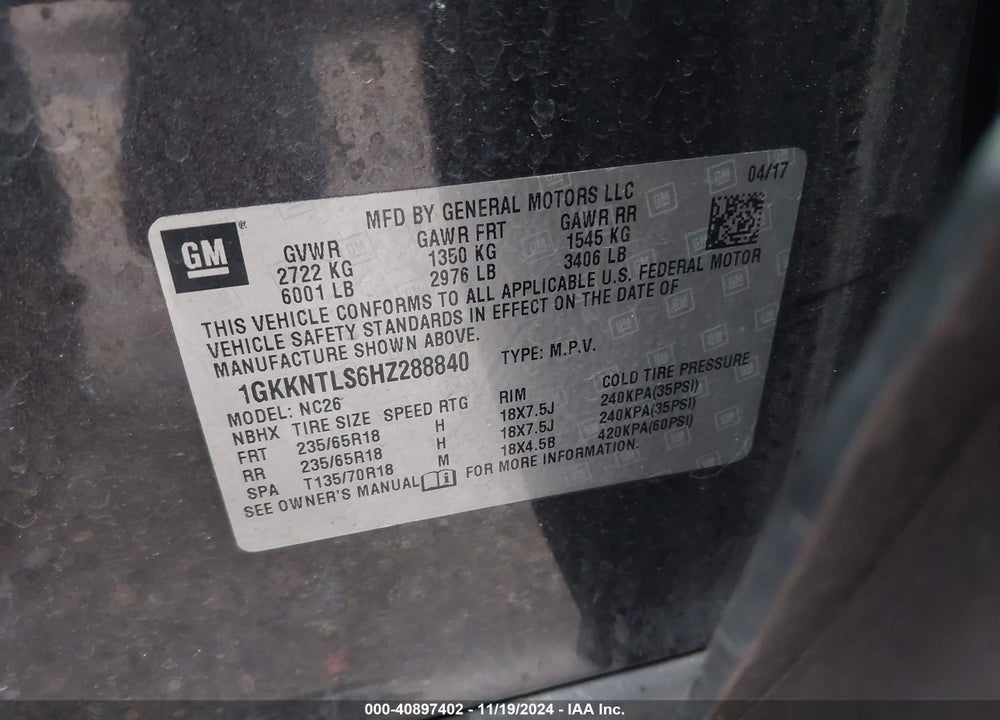 2017 GMC ACADIA SLE-2 VIN: 1GKKNTLS6HZ288840