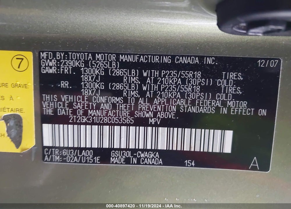 2008 LEXUS RX 350 VIN: 2T2GK31U28C053565
