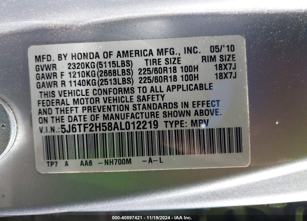 2010 HONDA ACCORD CROSSTOUR EX-L VIN: 5J6TF2H58AL012219