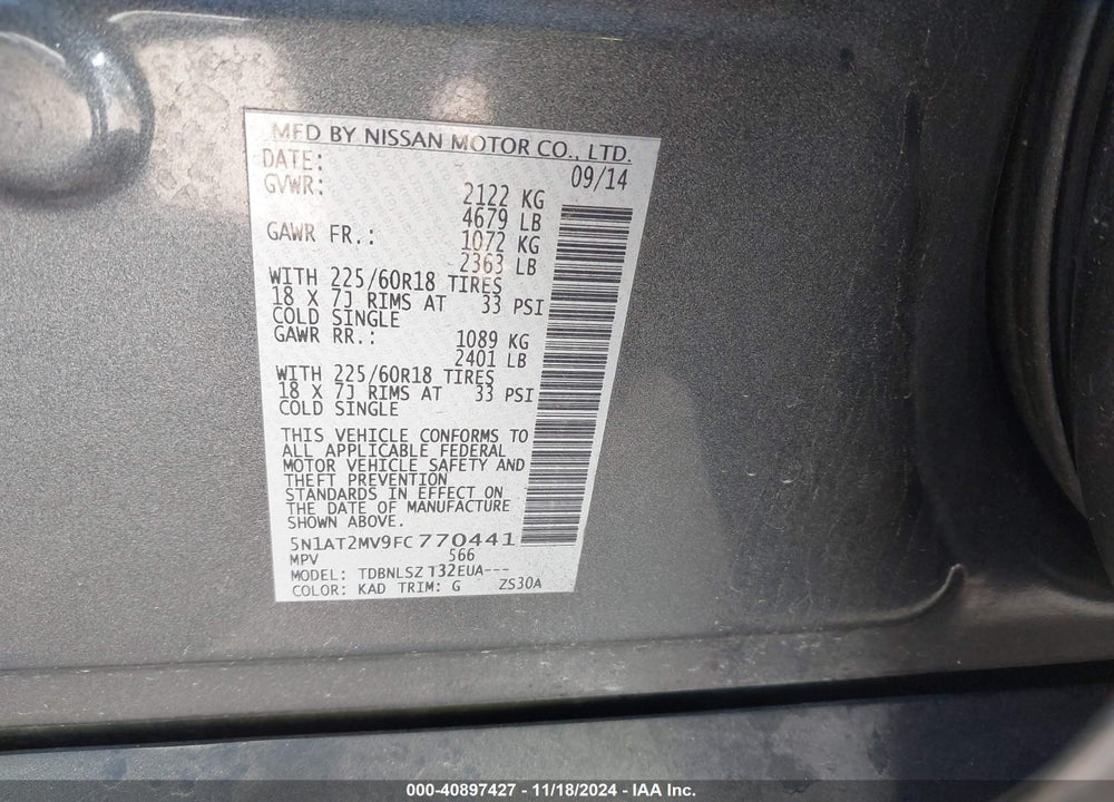 2015 NISSAN ROGUE SL VIN: 5N1AT2MV9FC770441