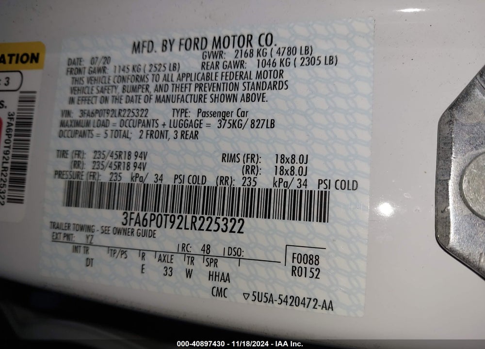 2020 FORD FUSION VIN: 3FA6P0T92LR225322