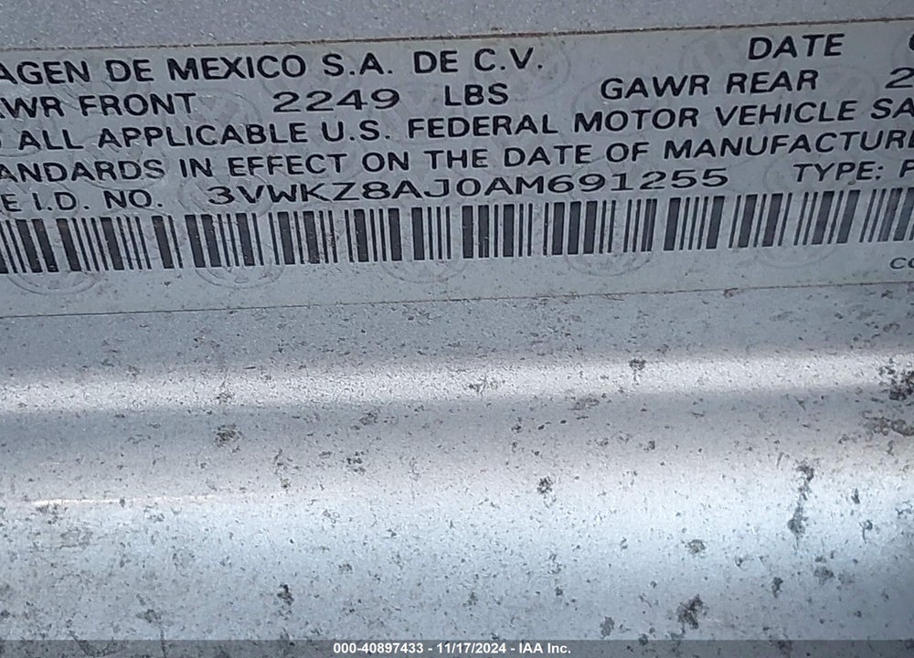 2010 VOLKSWAGEN JETTA S VIN: 3VWKZ8AJ0AM691255