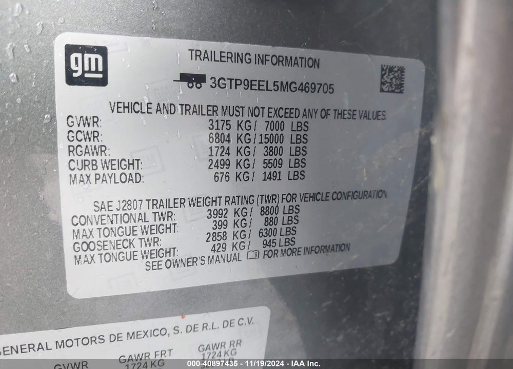 2021 GMC SIERRA 1500 VIN: 3GTP9EEL5MG469705