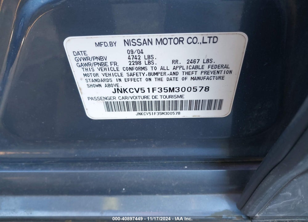 2005 INFINITI G35X VIN: JNKCV51F35M300578