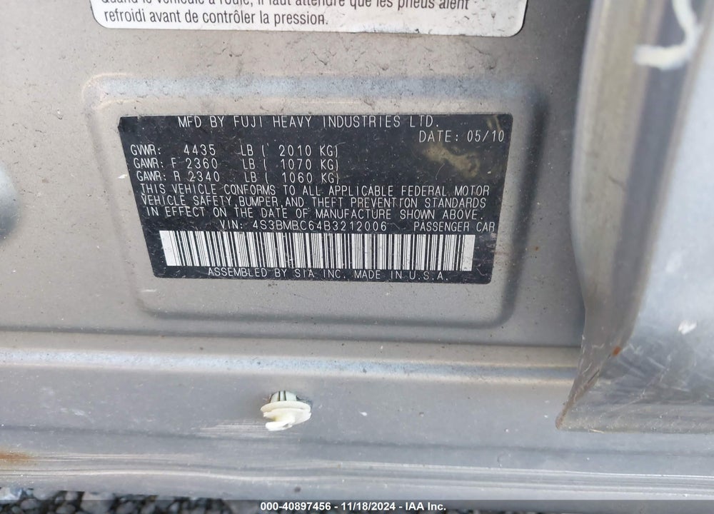 2011 SUBARU LEGACY 2.5I PREMIUM VIN: 4S3BMBC64B3212006