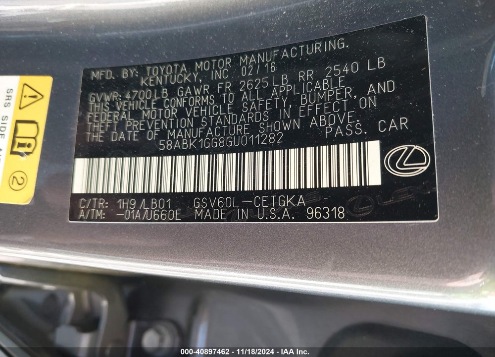 2016 LEXUS ES 350 VIN: 58ABK1GG8GU011282