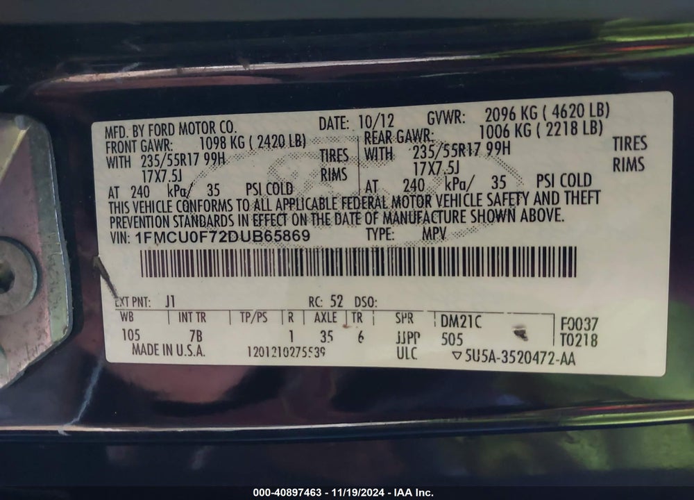 2013 FORD ESCAPE S VIN: 1FMCU0F72DUB65869