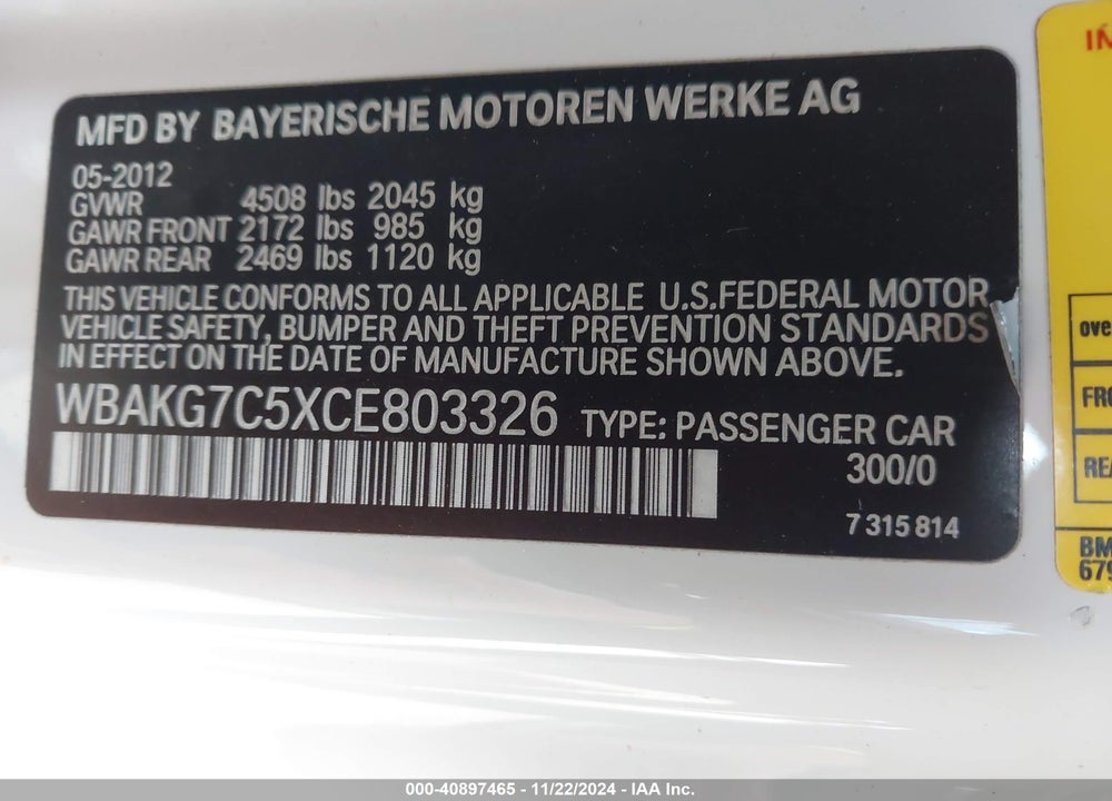 2012 BMW 335I VIN: WBAKG7C5XCE803326