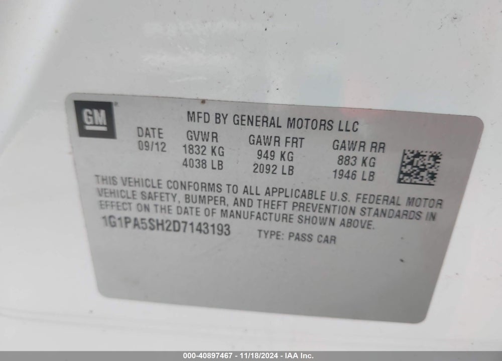 2013 CHEVROLET CRUZE LS AUTO VIN: 1G1PA5SH2D7143193