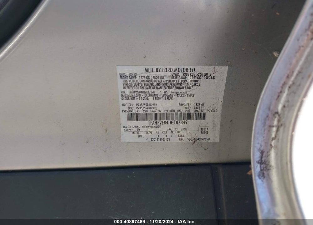 2013 FORD TAURUS SEL VIN: 1FAHP2E84DG187349