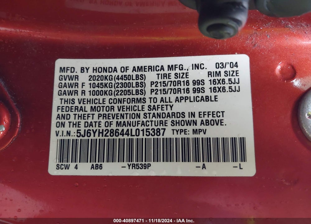 2004 HONDA ELEMENT EX VIN: 5J6YH28644L015387