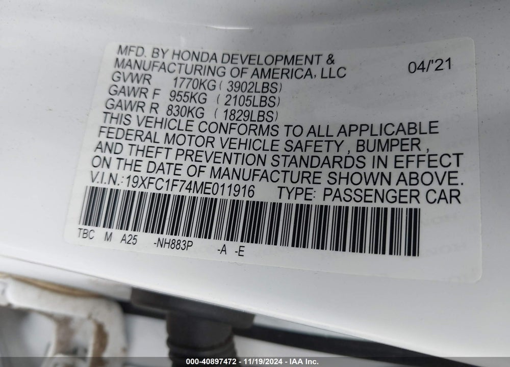 2021 HONDA CIVIC EX-L VIN: 19XFC1F74ME011916