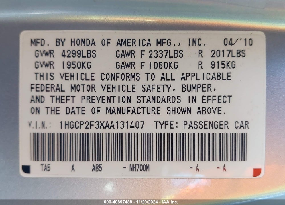 2010 HONDA ACCORD 2.4 LX VIN: 1HGCP2F3XAA131407