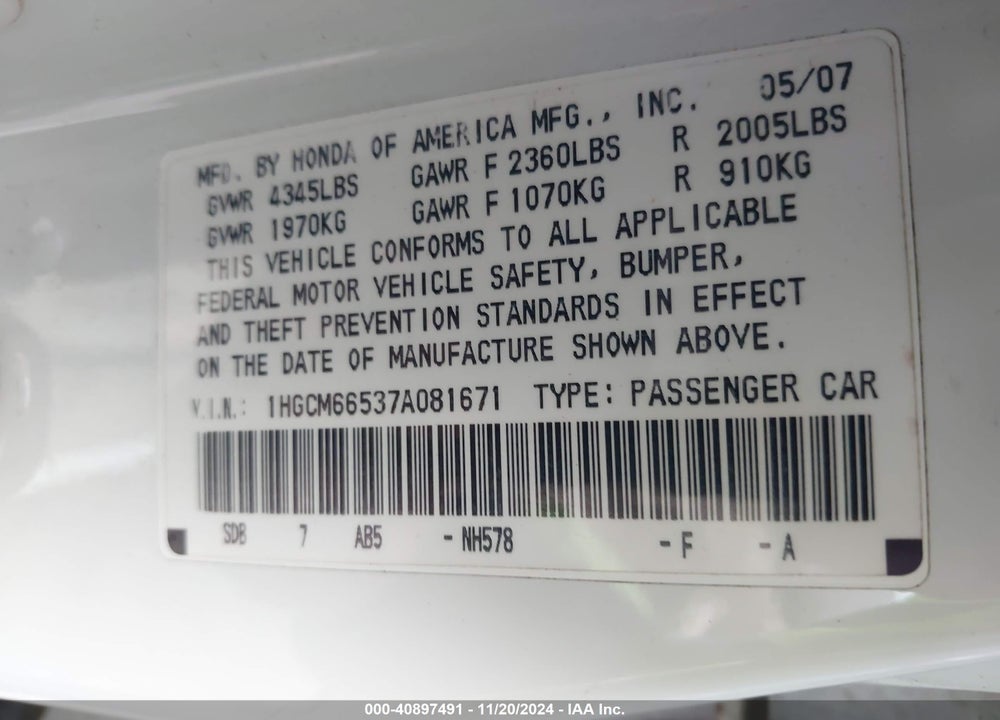 2007 HONDA ACCORD 3.0 EX VIN: 1HGCM66537A081671