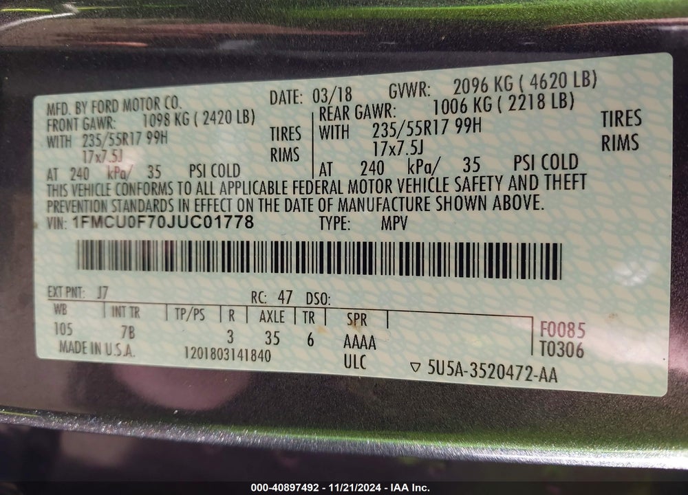 2018 FORD ESCAPE S VIN: 1FMCU0F70JUC01778