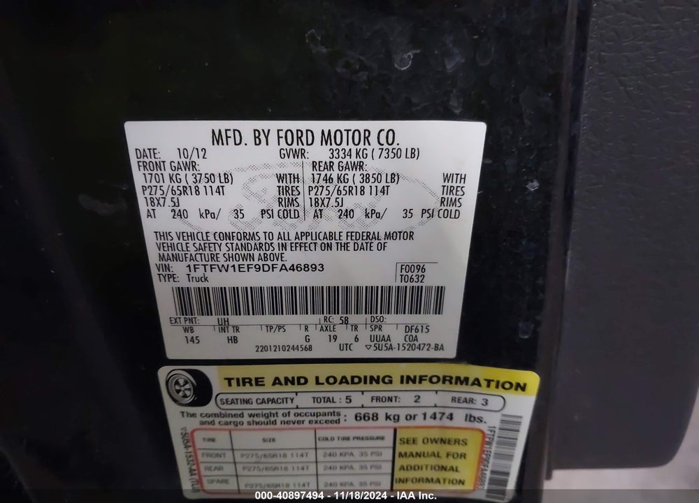 2013 FORD F-150 LARIAT VIN: 1FTFW1EF9DFA46893