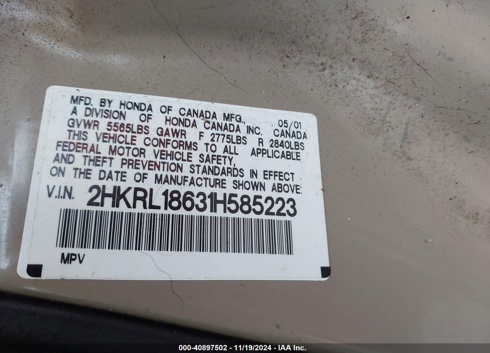 2001 HONDA ODYSSEY EX VIN: 2HKRL18631H585223
