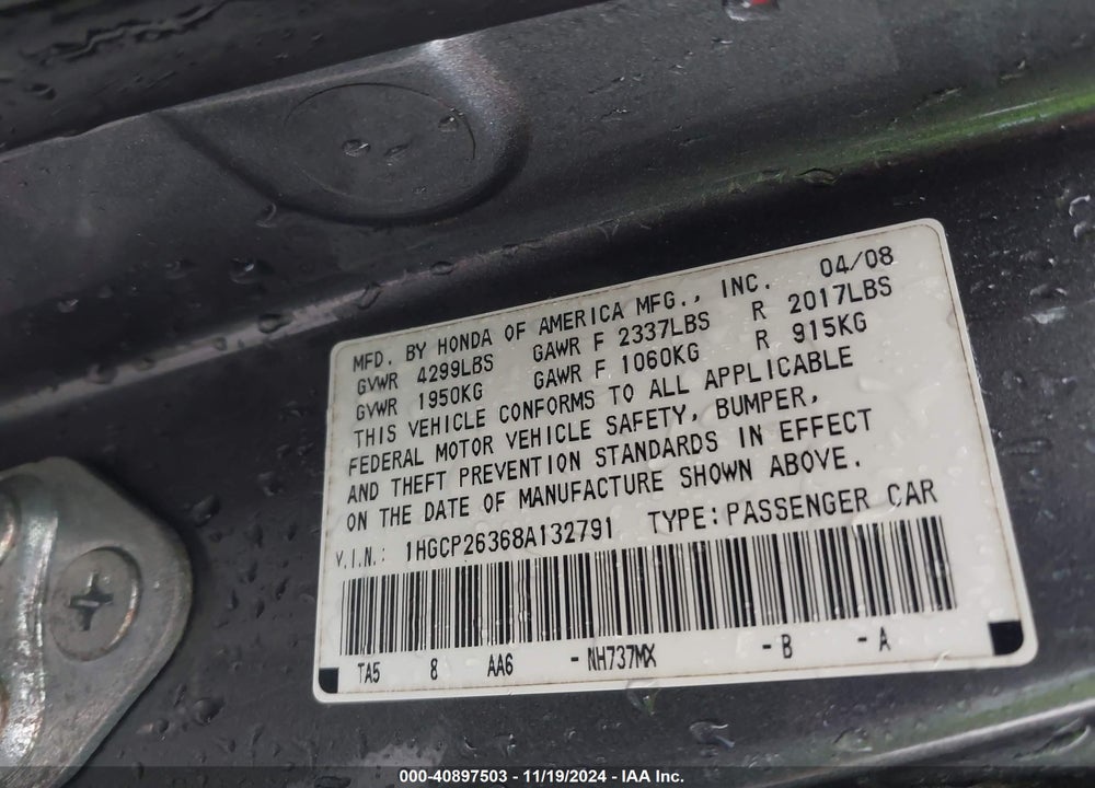 2008 HONDA ACCORD 2.4 LX VIN: 1HGCP26368A132791