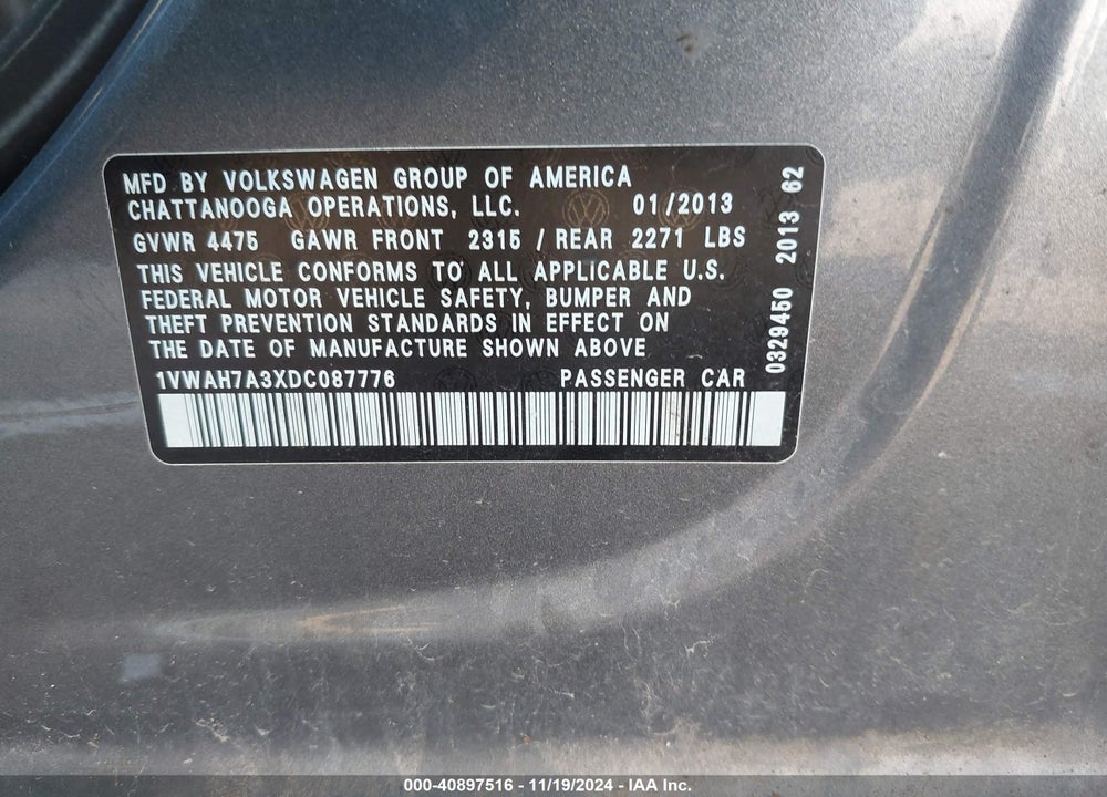 2013 VOLKSWAGEN PASSAT 2.5L S VIN: 1VWAH7A3XDC087776