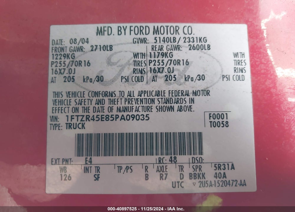 2005 FORD RANGER EDGE/FX4 LEVEL II/FX4 OFF-ROAD/XLT VIN: 1FTZR45E85PA09035