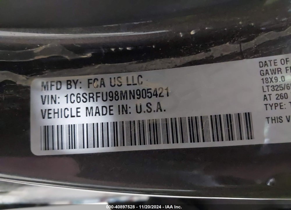 2021 RAM 1500 TRX 4X4 5'7 BOX VIN: 1C6SRFU98MN905421