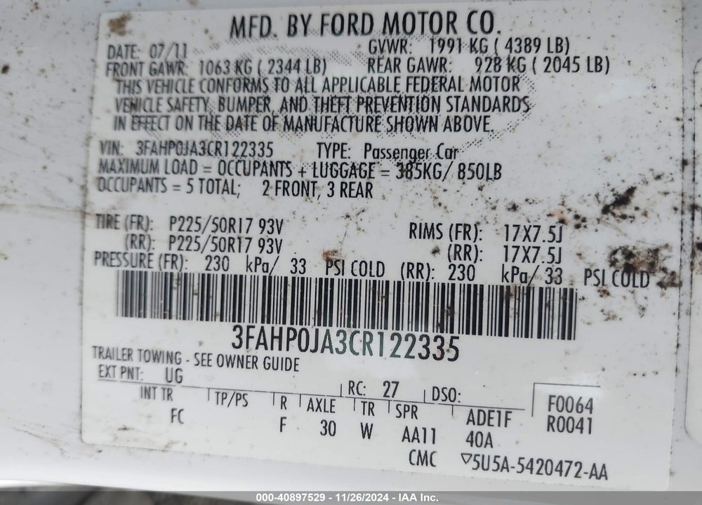 2012 FORD FUSION SEL VIN: 3FAHP0JA3CR122335