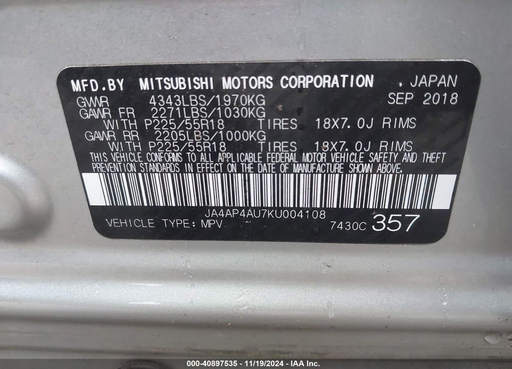 2019 MITSUBISHI OUTLANDER SPORT 2.0 SE VIN: JA4AP4AU7KU004108