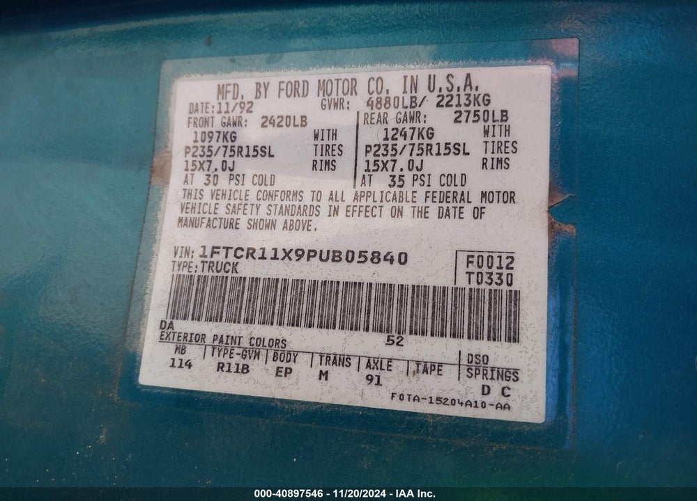 1993 FORD RANGER VIN: 1FTCR11X9PUB05840