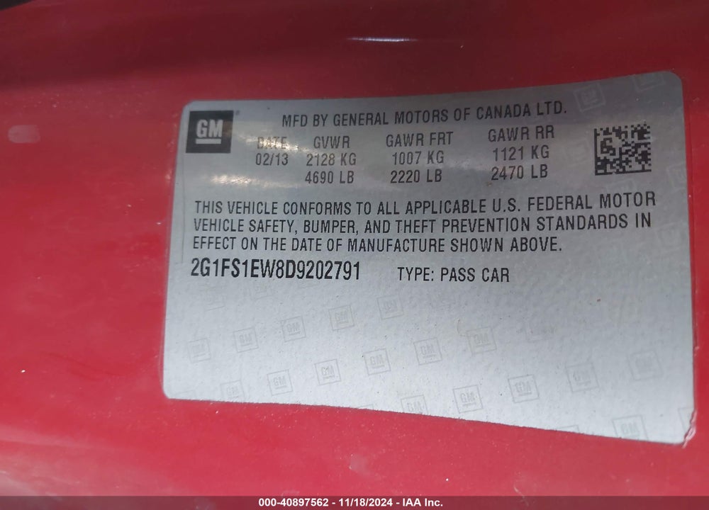 2013 CHEVROLET CAMARO 1SS VIN: 2G1FS1EW8D9202791