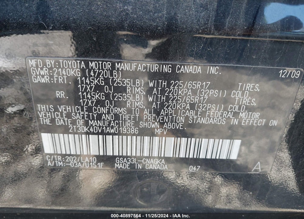 2010 TOYOTA RAV4 LIMITED VIN: 2T3DK4DV1AW019386