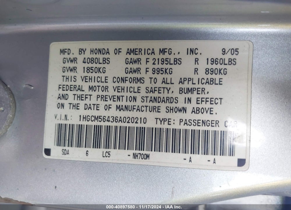 2006 HONDA ACCORD 2.4 LX VIN: 1HGCM56436A020210