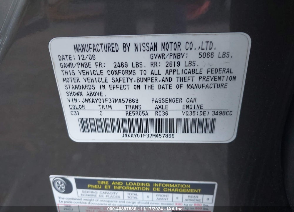 2007 INFINITI M35X VIN: JNKAY01F37M457869