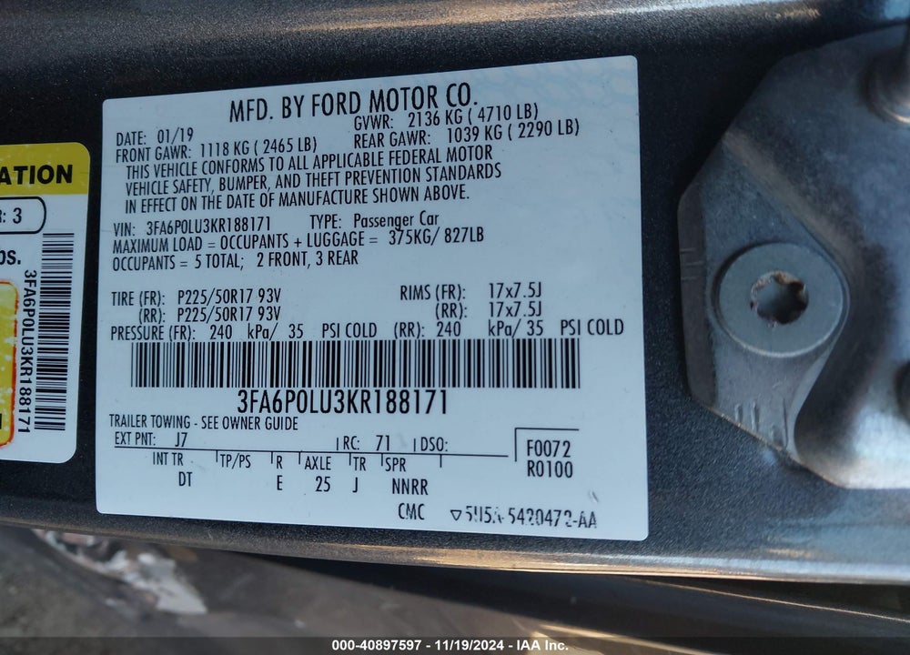 2019 FORD FUSION HYBRID VIN: 3FA6P0LU3KR188171