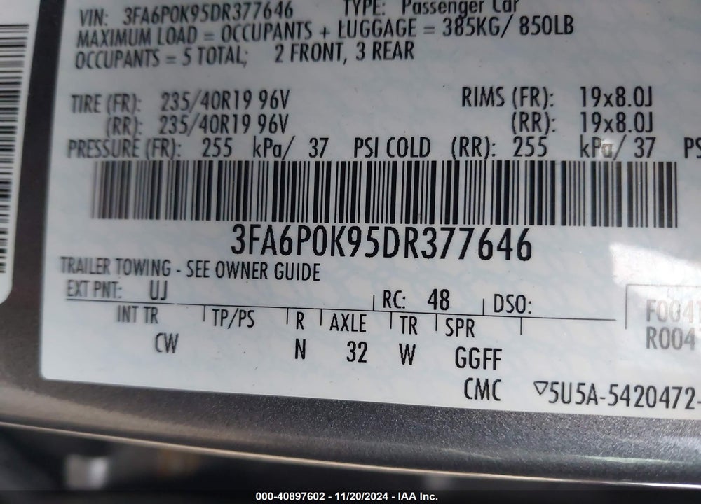 2013 FORD FUSION TITANIUM VIN: 3FA6P0K95DR377646