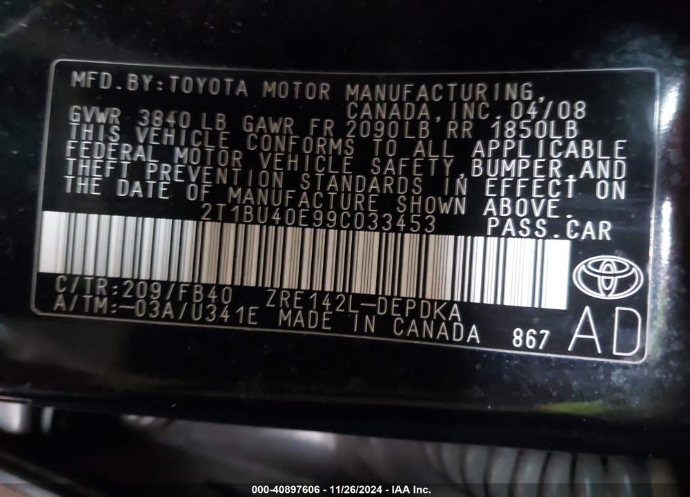 2009 TOYOTA COROLLA LE VIN: 2T1BU40E99C033453